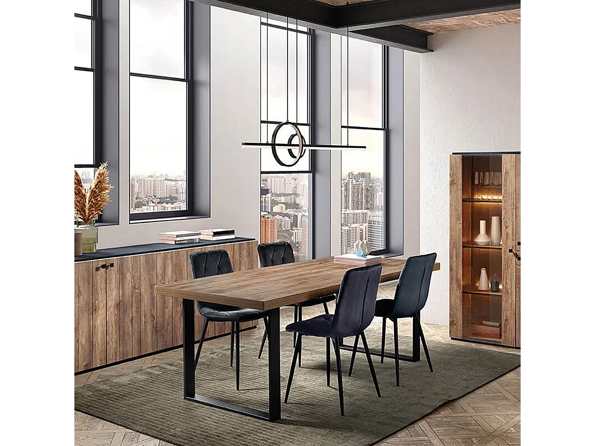 GLESS - Ensemble Séjour Complet et Table 200cm Aspect Bois Finition Denver Piètement U Métal Noir