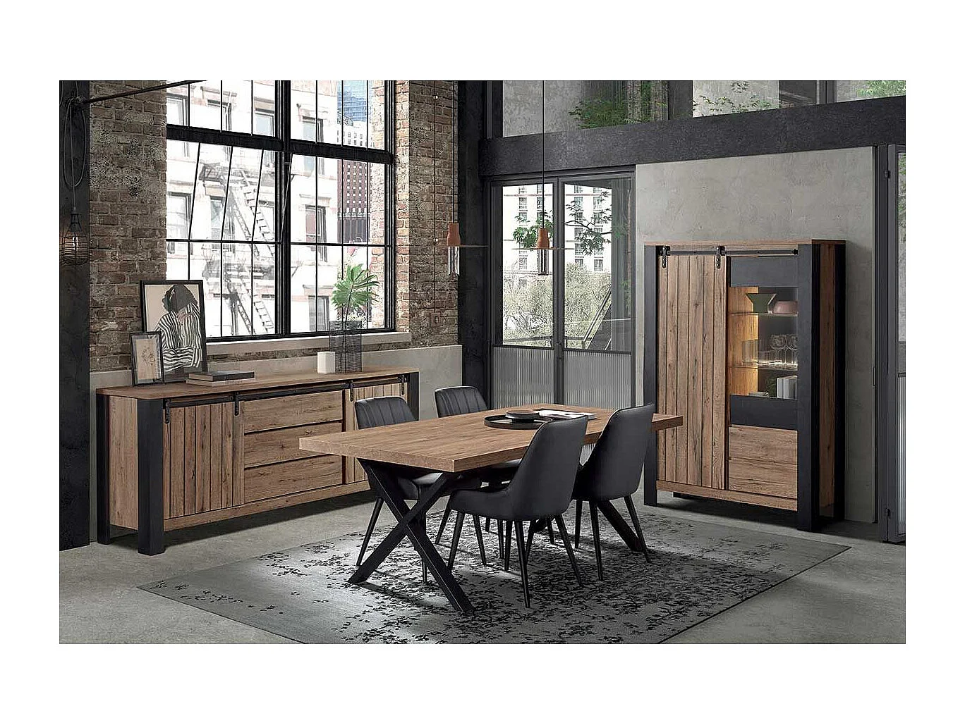 CLODIUS - Ensemble Séjour Complet et Table 200 cm Aspect Bois Piètement X Métal Noir