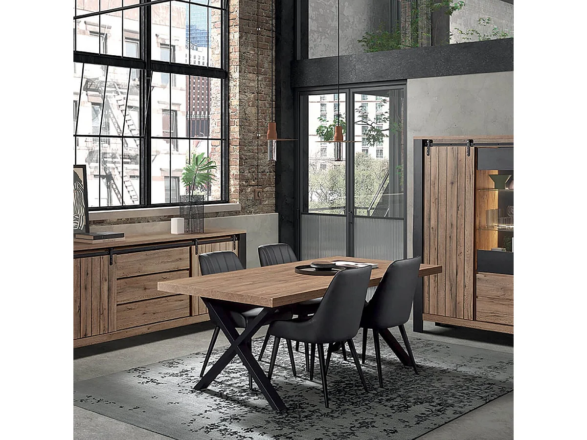 CLODIUS - Ensemble Séjour Complet et Table 200 cm Aspect Bois Piètement X Métal Noir