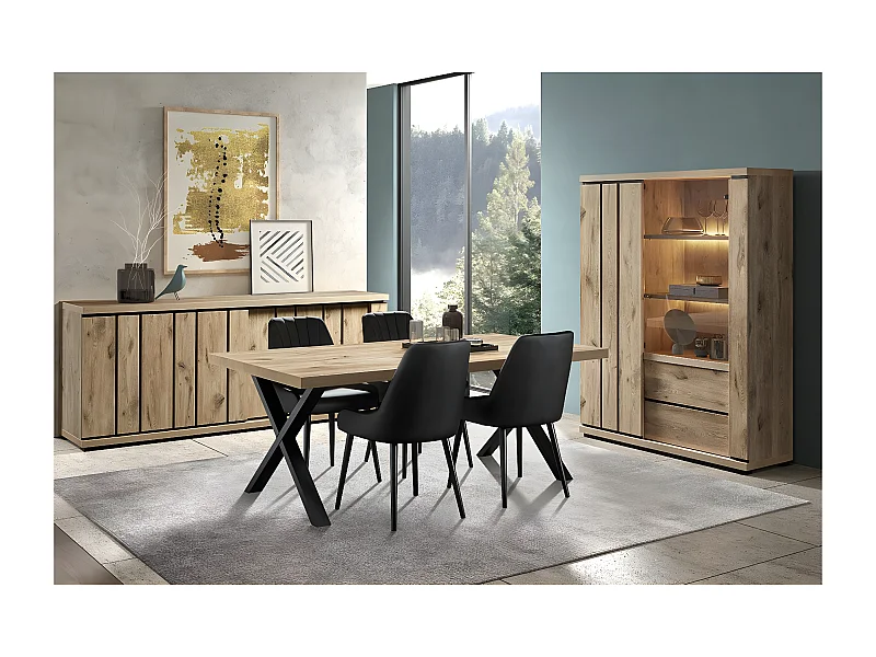 PHILEAS - Séjour avec Table 200 Piétement X Effet Claustra Finition Canyon