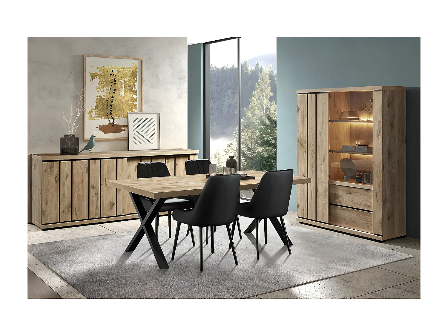 PHILEAS - Séjour avec Table 200 Piétement X Effet Claustra Finition Canyon