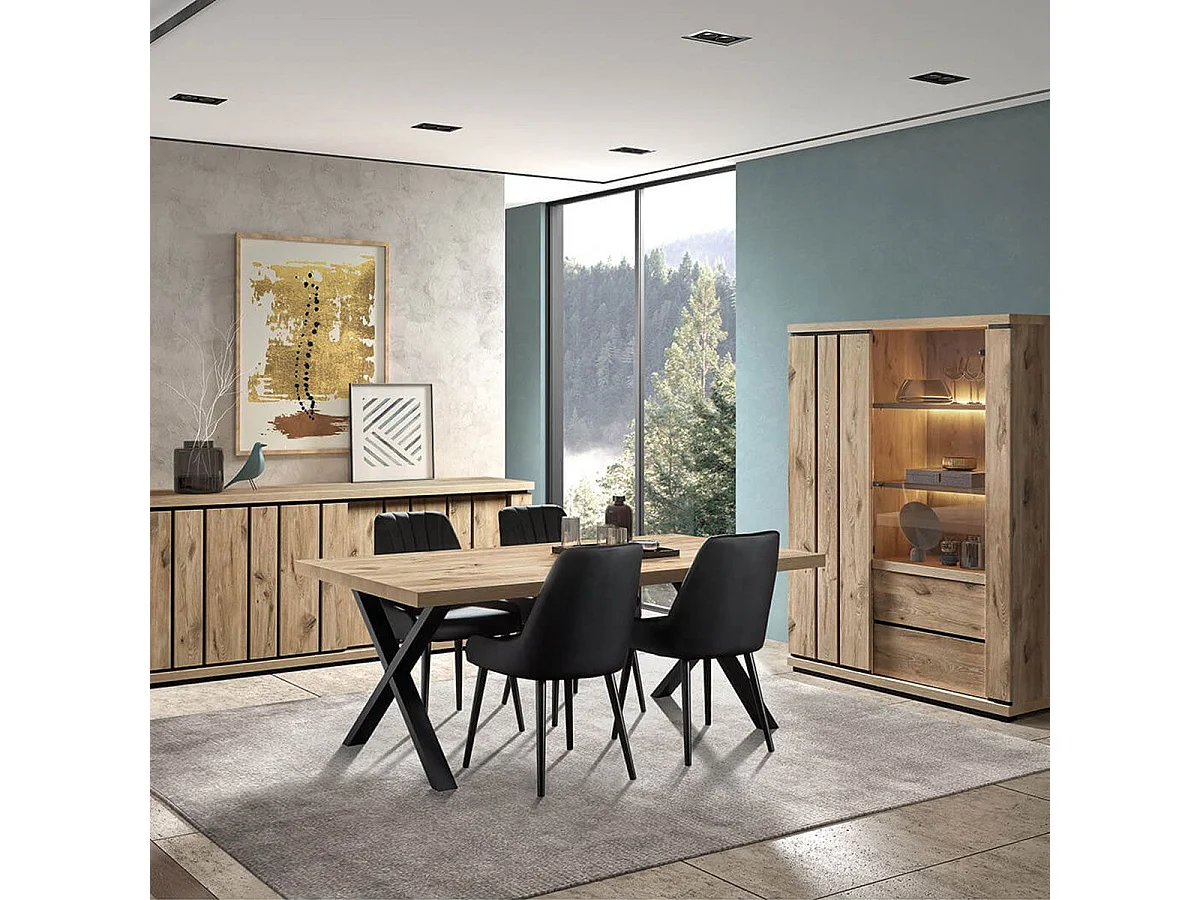 PHILEAS - Séjour avec Table 200 Piétement X Effet Claustra Finition Canyon