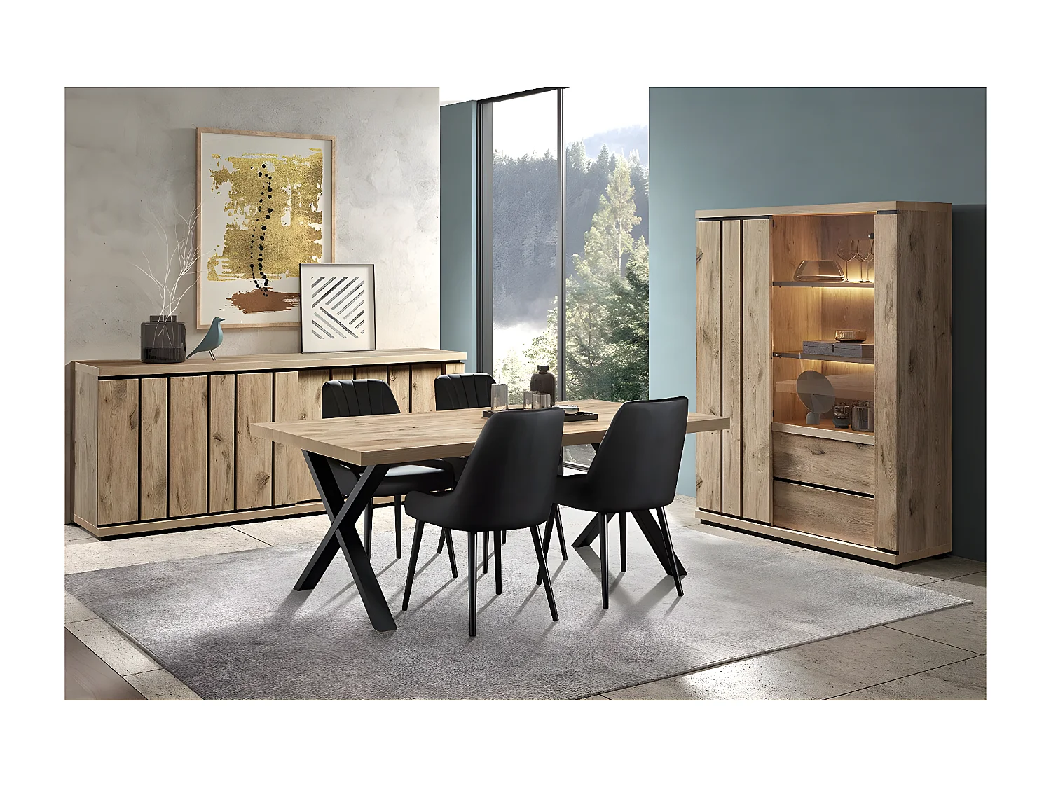 PHILEAS - Séjour avec Table 170 Piétement X Effet Claustra Finition Canyon