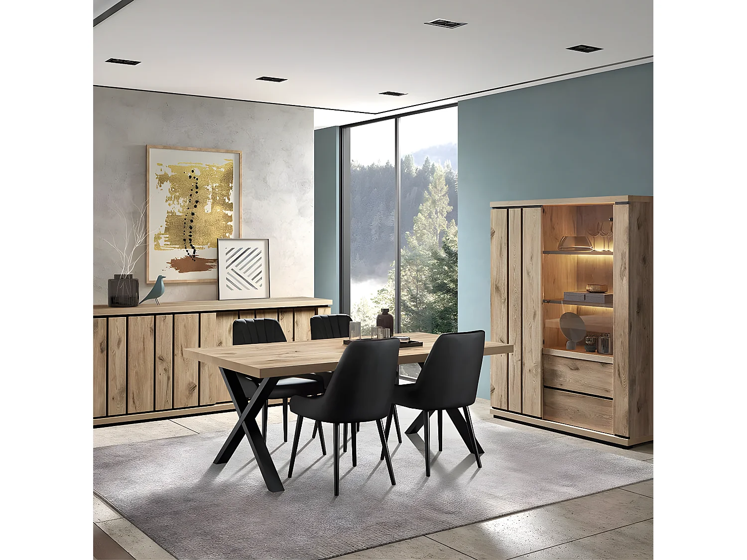 PHILEAS - Séjour avec Table 170 Piétement X Effet Claustra Finition Canyon