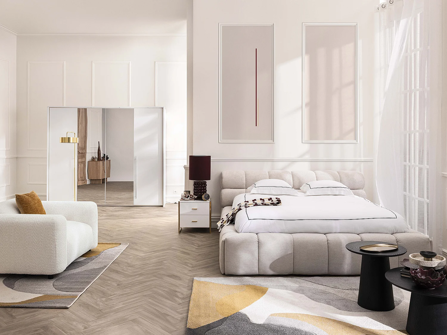 Letto con contenitore 160 x 200 cm Tessuto Beige + Materasso  - FORVIK II di Pascal Morabito