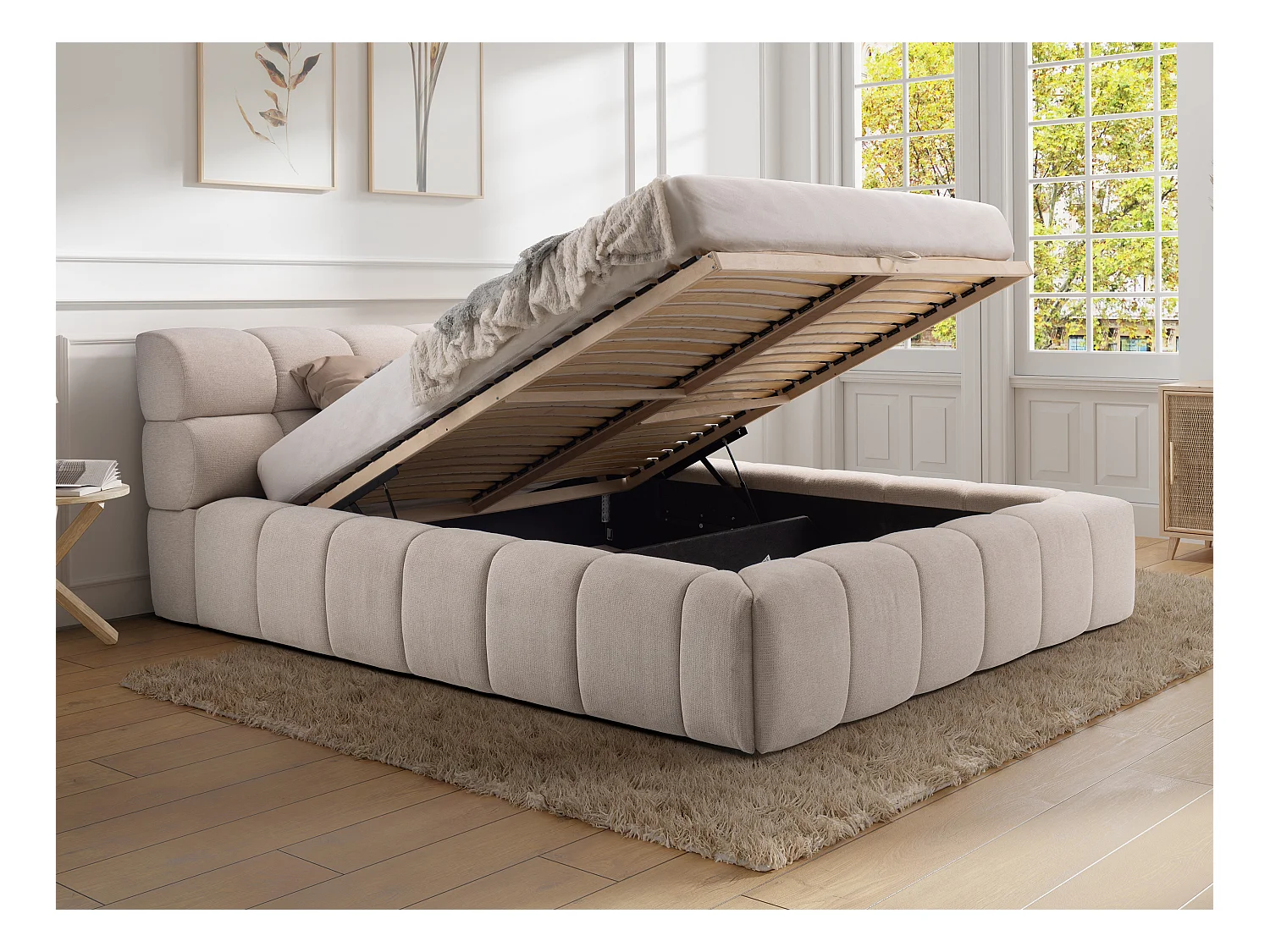 Bed met opbergruimte 160 x 200 cm - Stof - Beige + matras - FORVIK II van Pascal Morabito