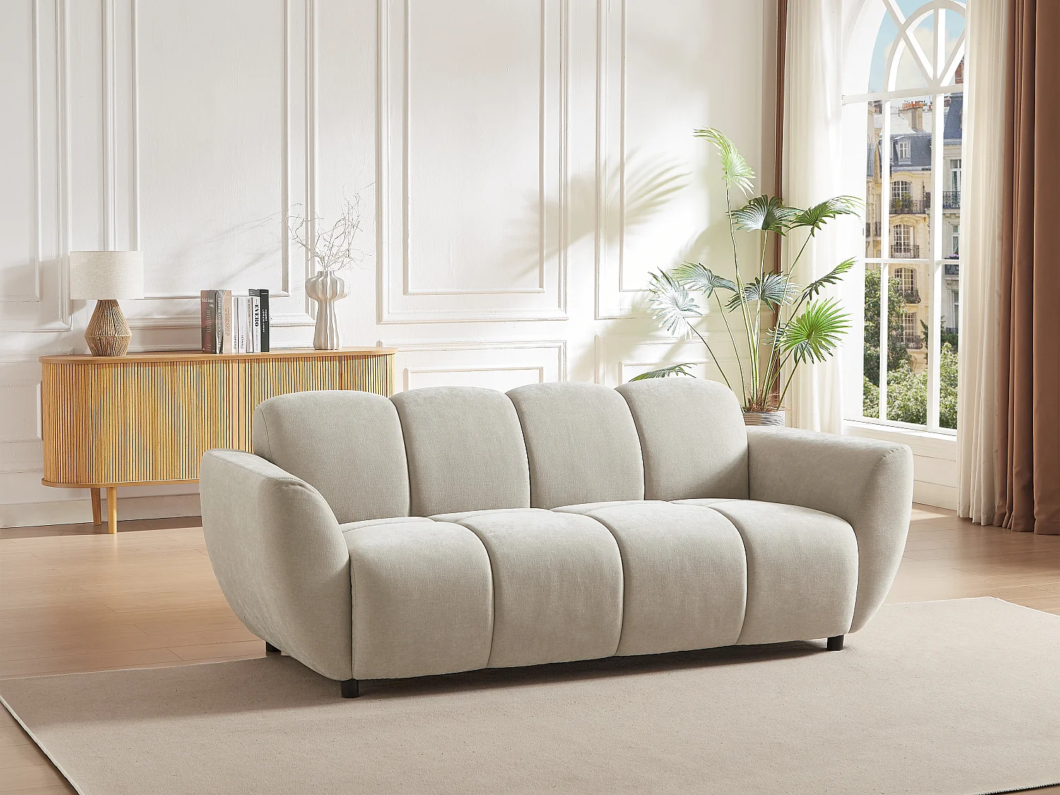 Canapé 3 places en tissu beige effet matelassé JULORI