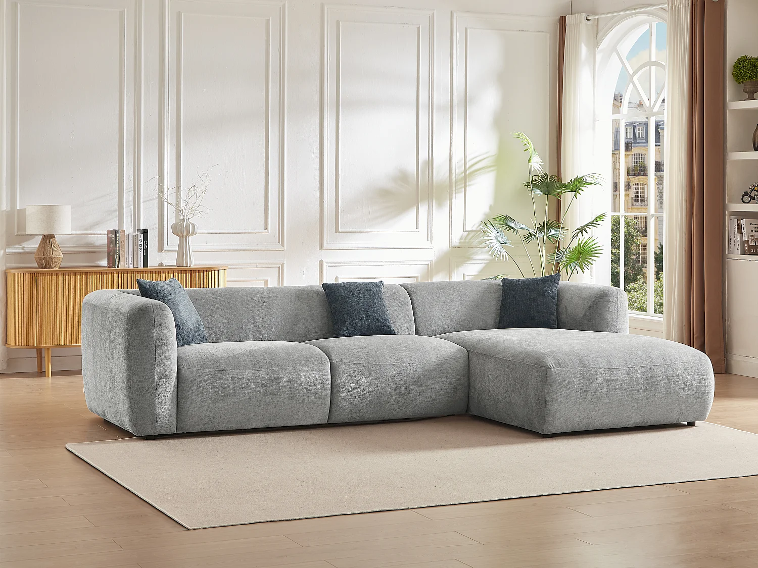 Högervänd vinkelformad soffa i grått tyg TANCAVO