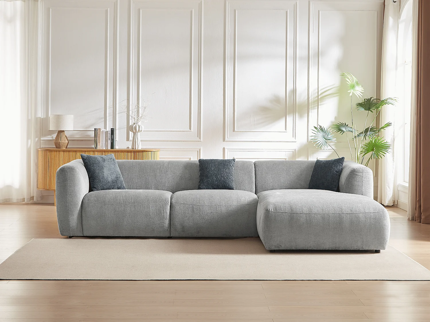 Högervänd vinkelformad soffa i grått tyg TANCAVO