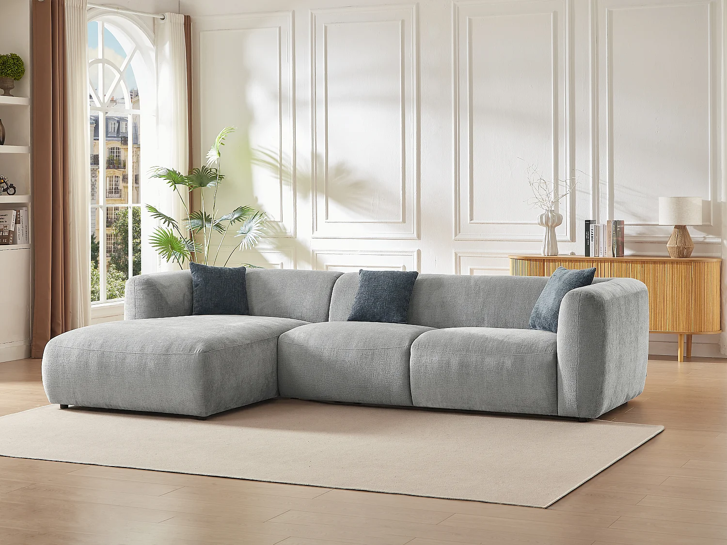 Vänstervänd soffa i grått tyg TANCAVO