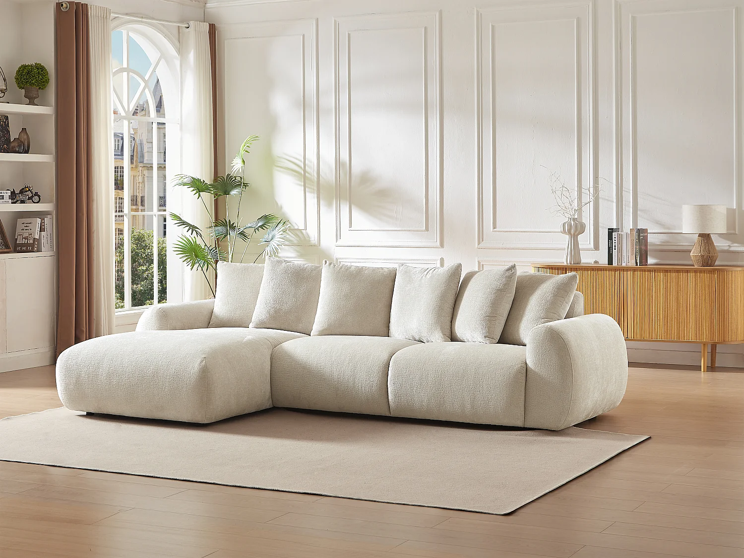 Canapé d'angle gauche en velours texturé beige BAVOPO