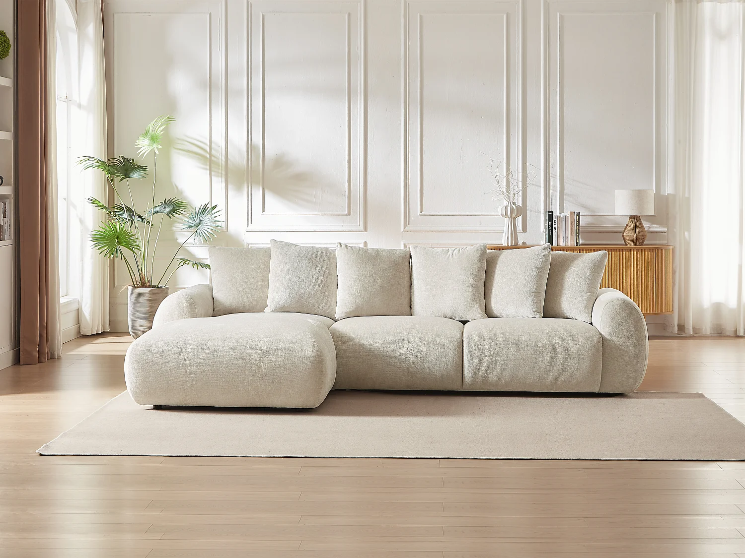 Canapé d'angle gauche en velours texturé beige BAVOPO