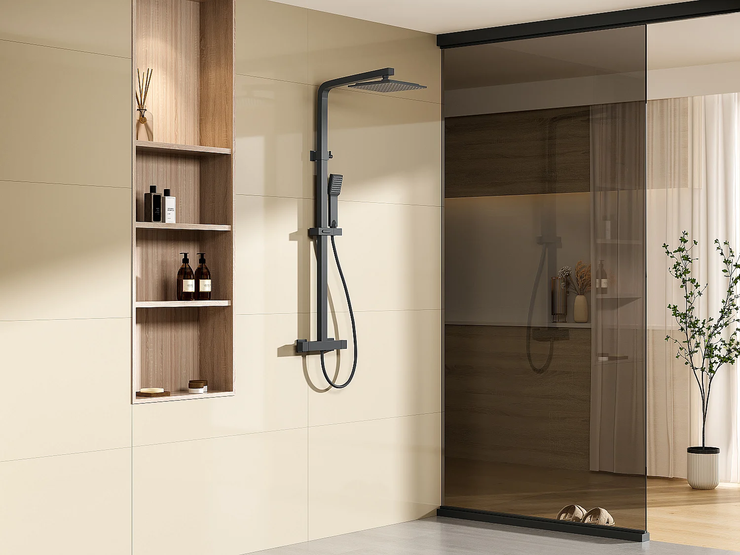 Colonne de douche thermostatique en acier inoxydable - 120 cm - Noir mat - PENEDA