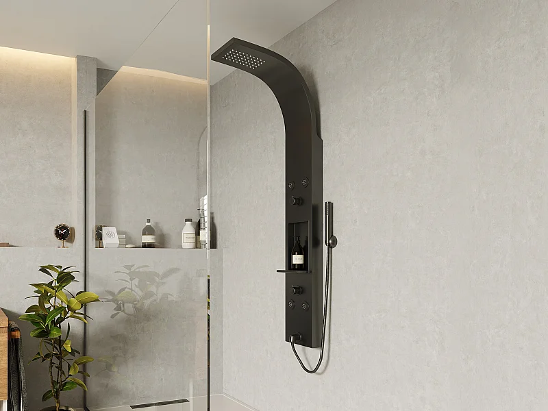 Colonne de douche hydromassante avec étagère - Noir mat - 20 x 140 cm - ROANA