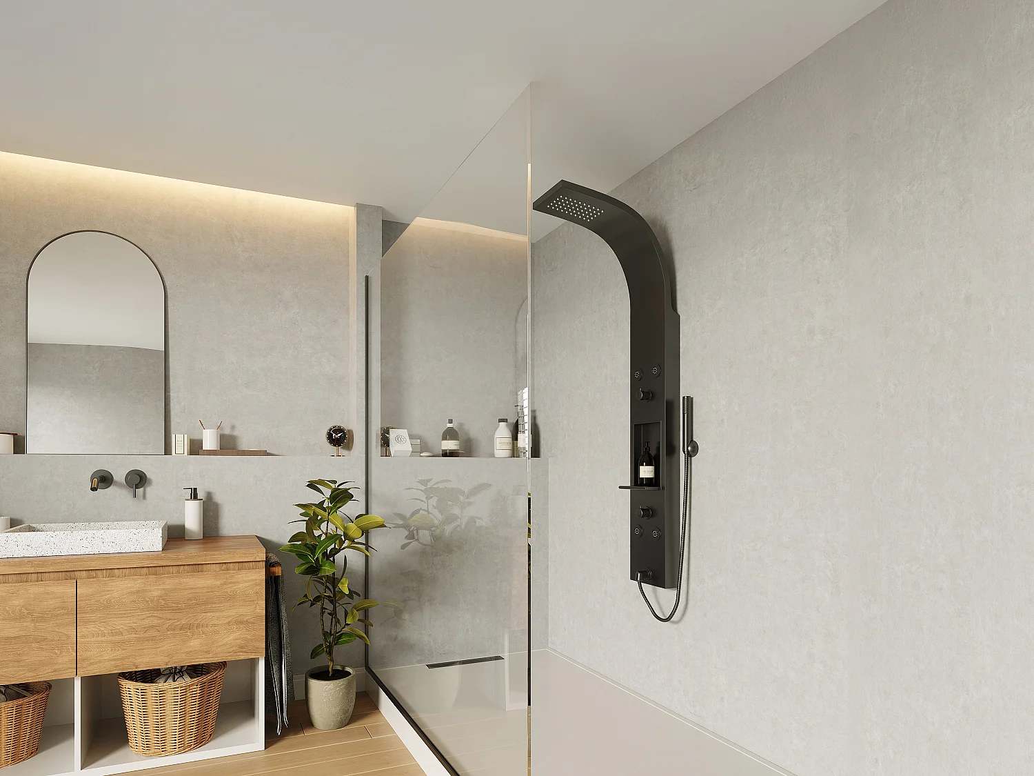 Colonne de douche hydromassante avec étagère - Noir mat - 20 x 140 cm - ROANA