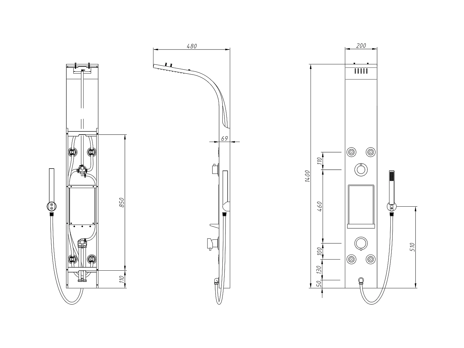 Columna de ducha de hidromasaje con estante - Negro mate - 20 x 140 cm - ROANA