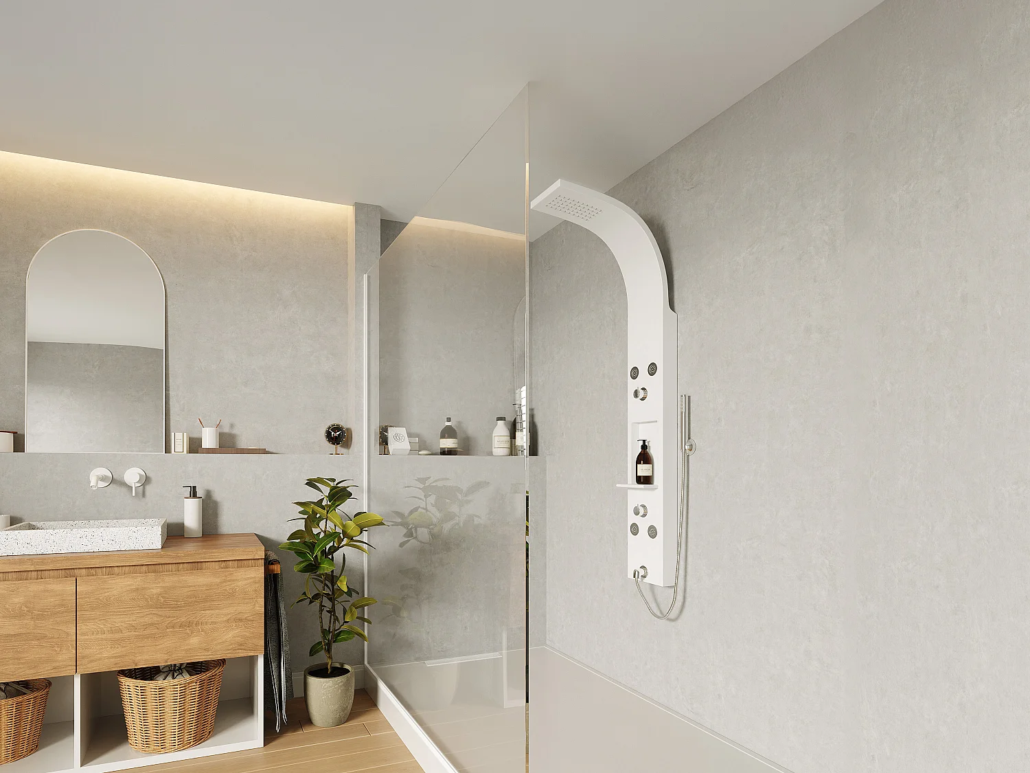 Colonne de douche hydromassante avec étagère - Blanc mat - 20 x 140 cm - ROANA