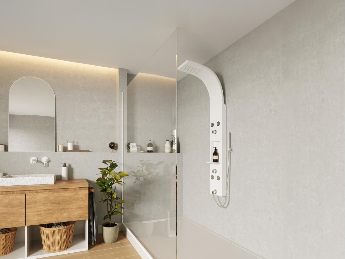 vente unique Colonne de douche hydromassante avec étagère - Blanc mat - 20 x 140 cm - ROANA