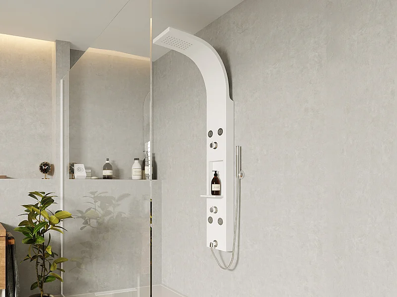 Colonne de douche hydromassante avec étagère - Blanc mat - 20 x 140 cm - ROANA
