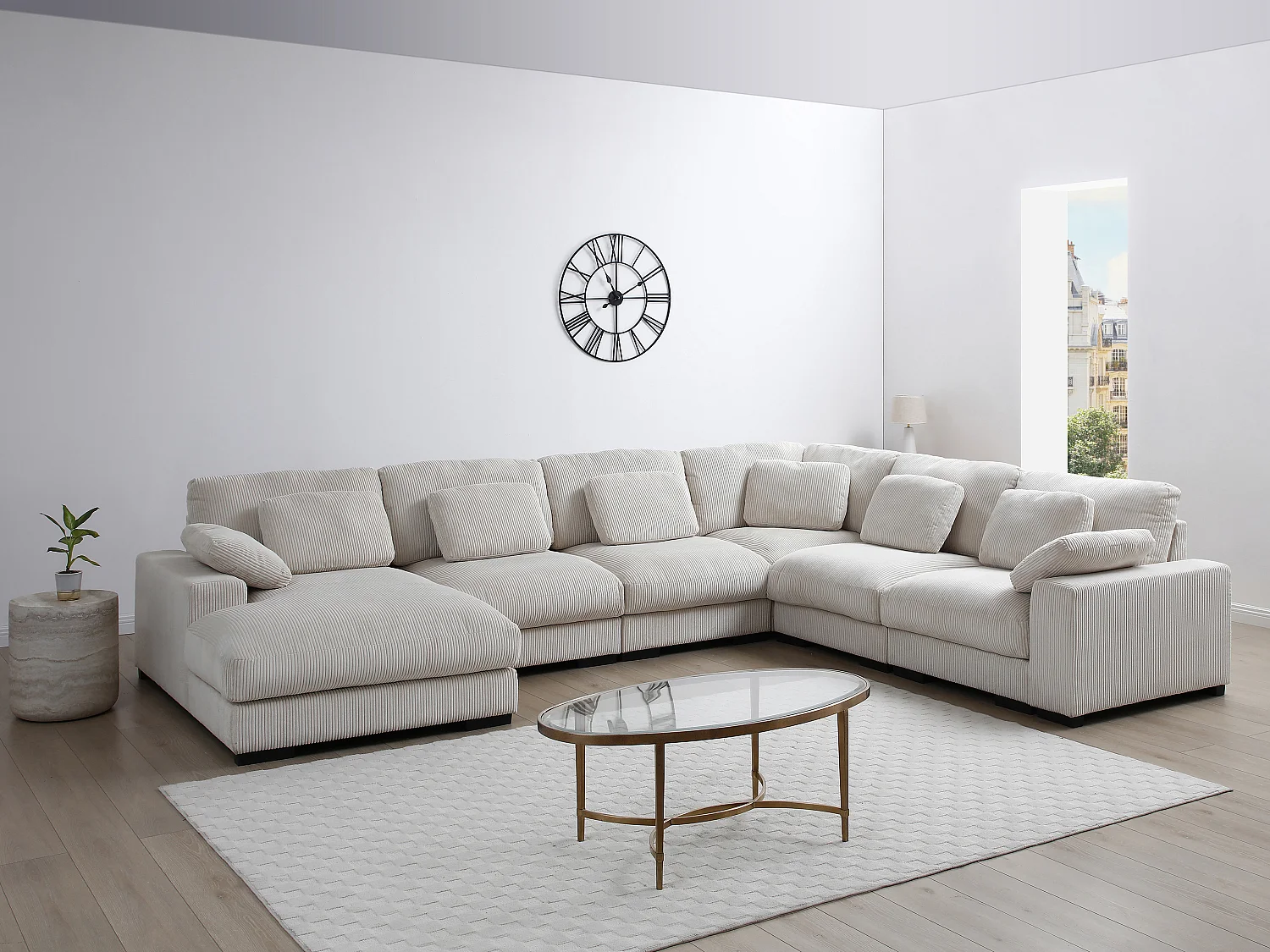 Kanapa narożna lewostronna wieloosobowa dużych rozmiarów z beżowego sztruksu - RIADOPI