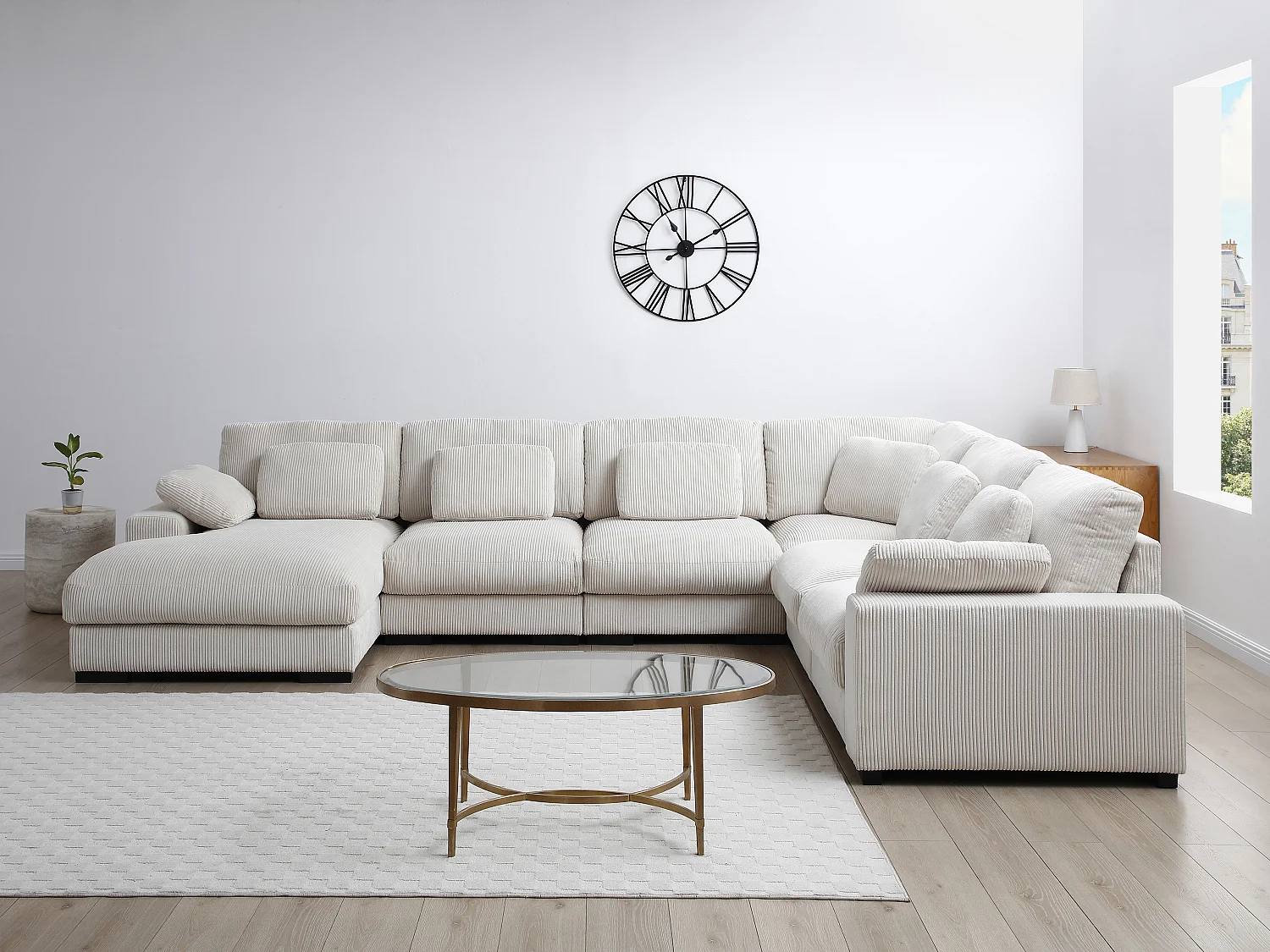 Kanapa narożna lewostronna wieloosobowa dużych rozmiarów z beżowego sztruksu - RIADOPI