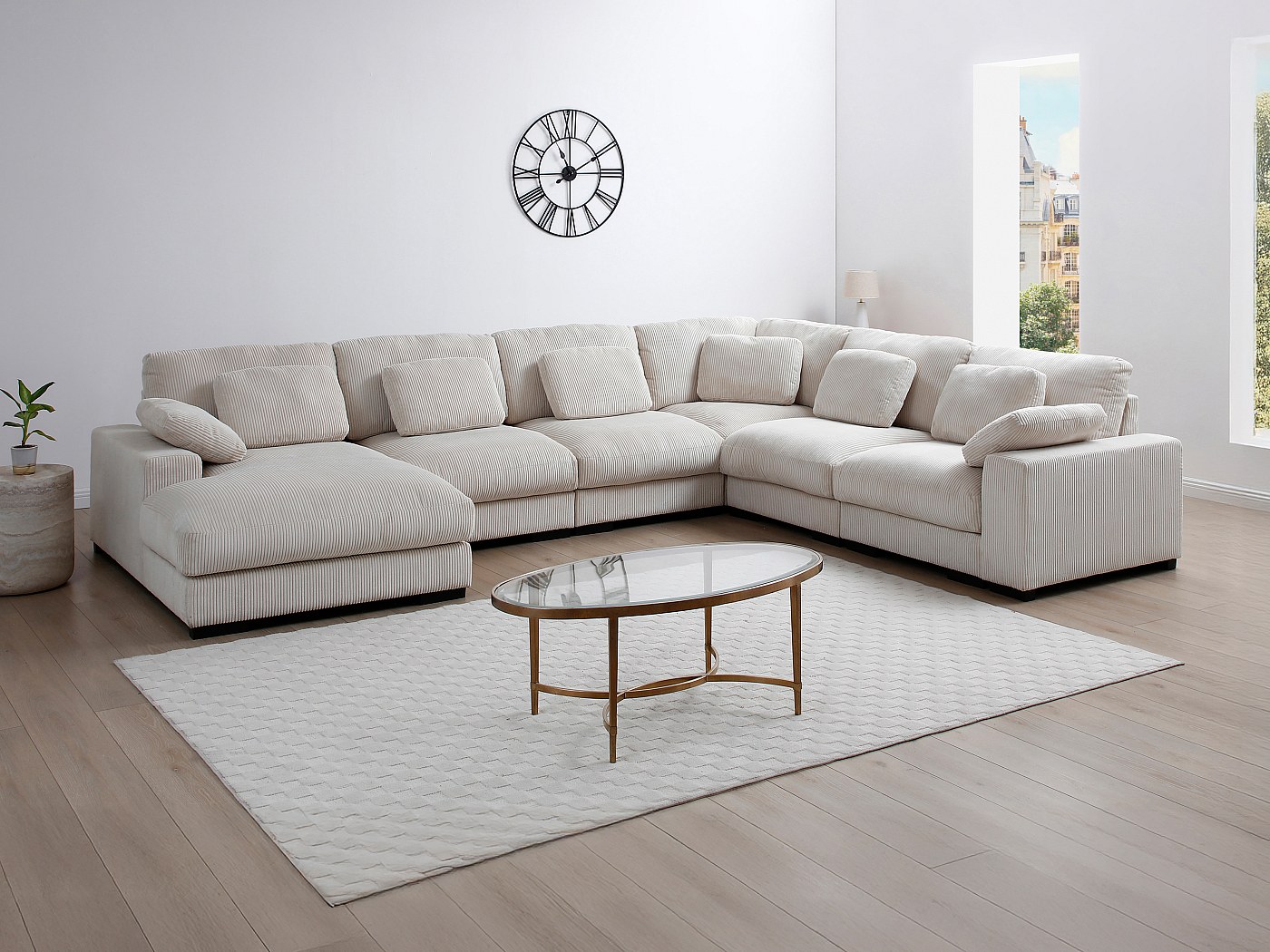Canapé D'Angle Gauche 6 Places + Pouf Borore - Velours Côtelé Beige - Design Moderne - Confort Haut De Gamme
