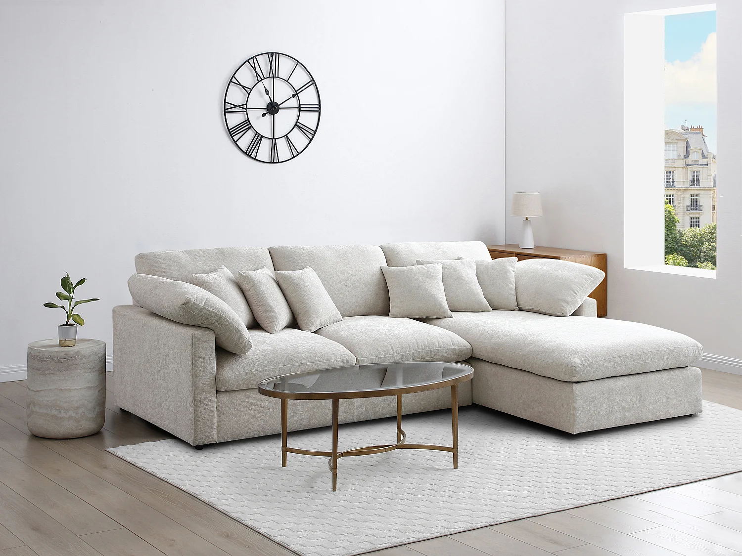 Canapé d'angle droit en tissu texturé beige TRODANO