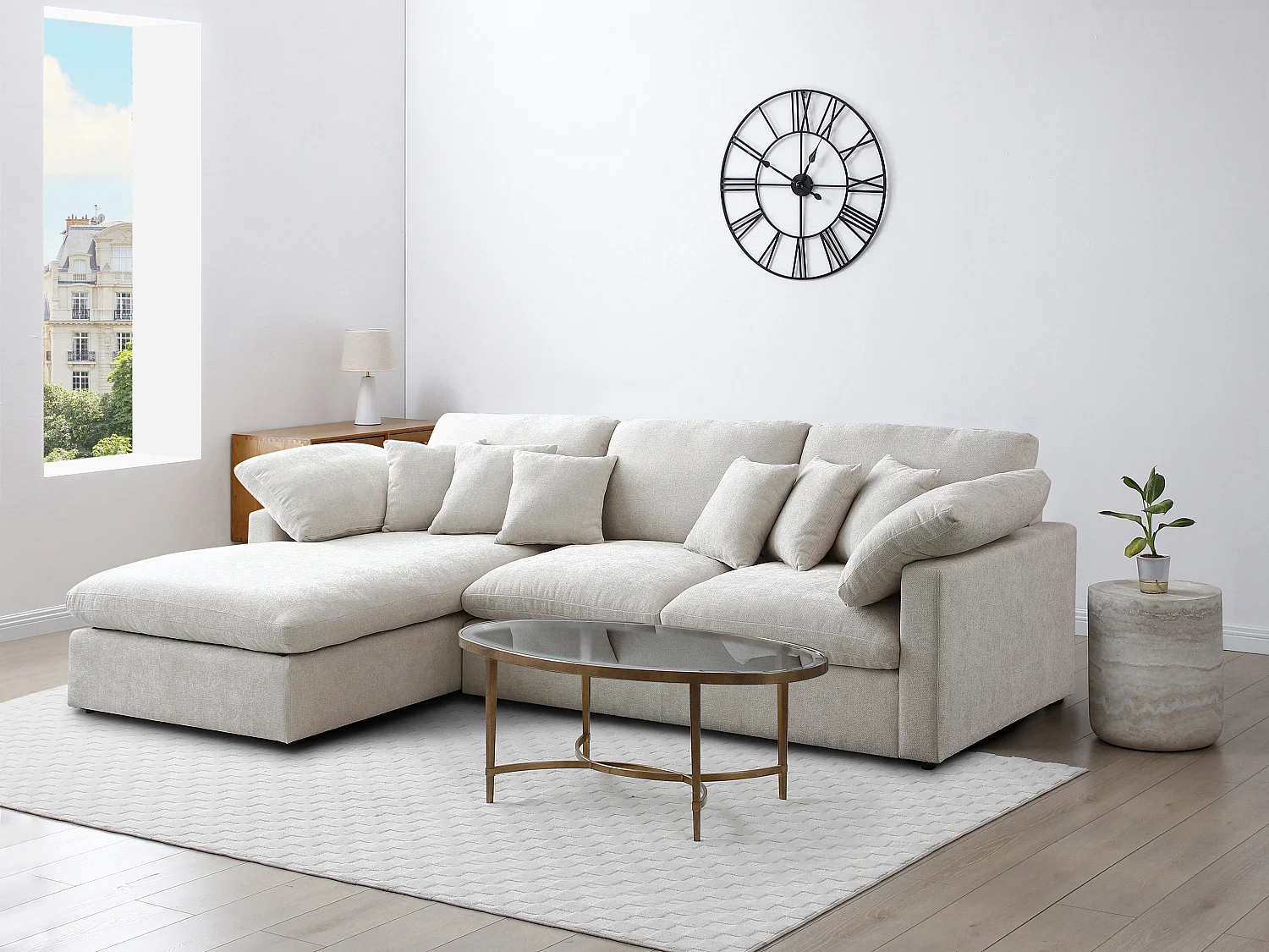 Canapé d'angle gauche en tissu texturé beige TRODANO