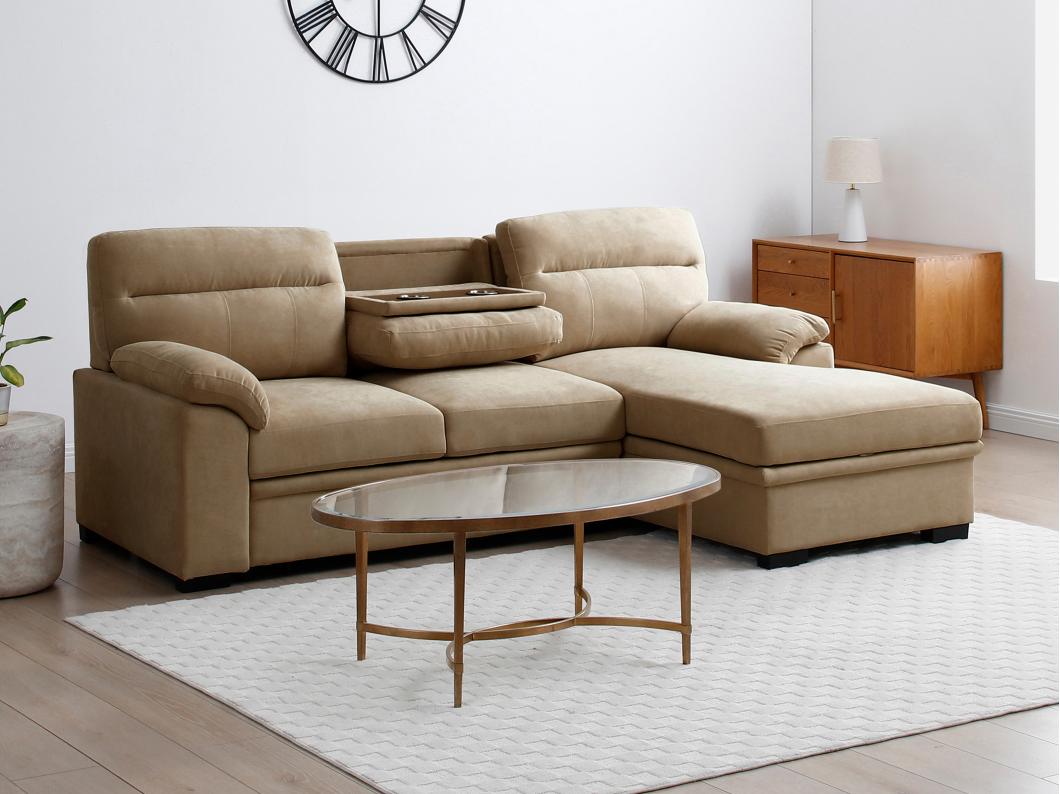 Canapé d'angle droit convertible en tissu beige ULENIO