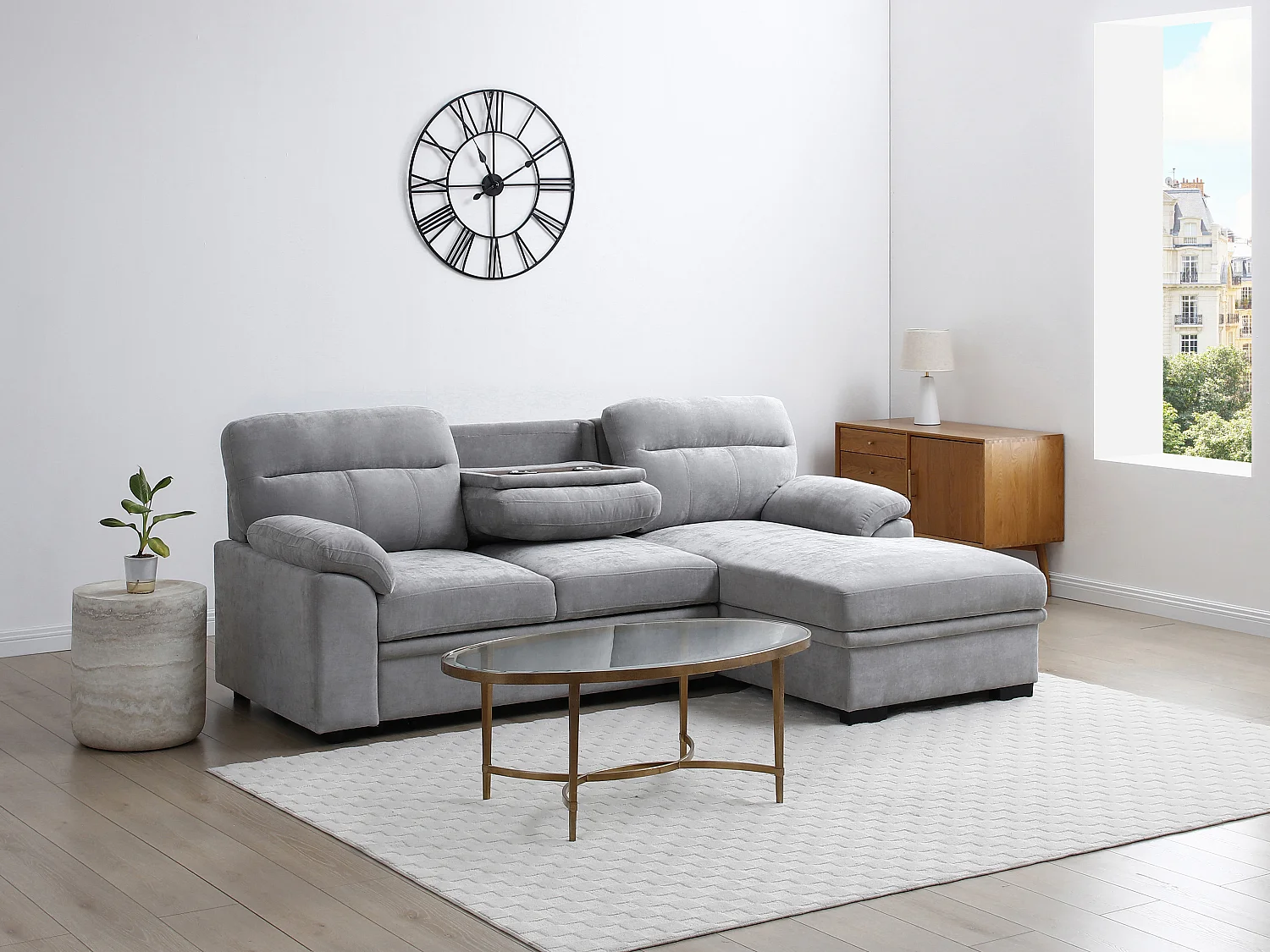 Canapé d'angle droit convertible en tissu gris ULENIO