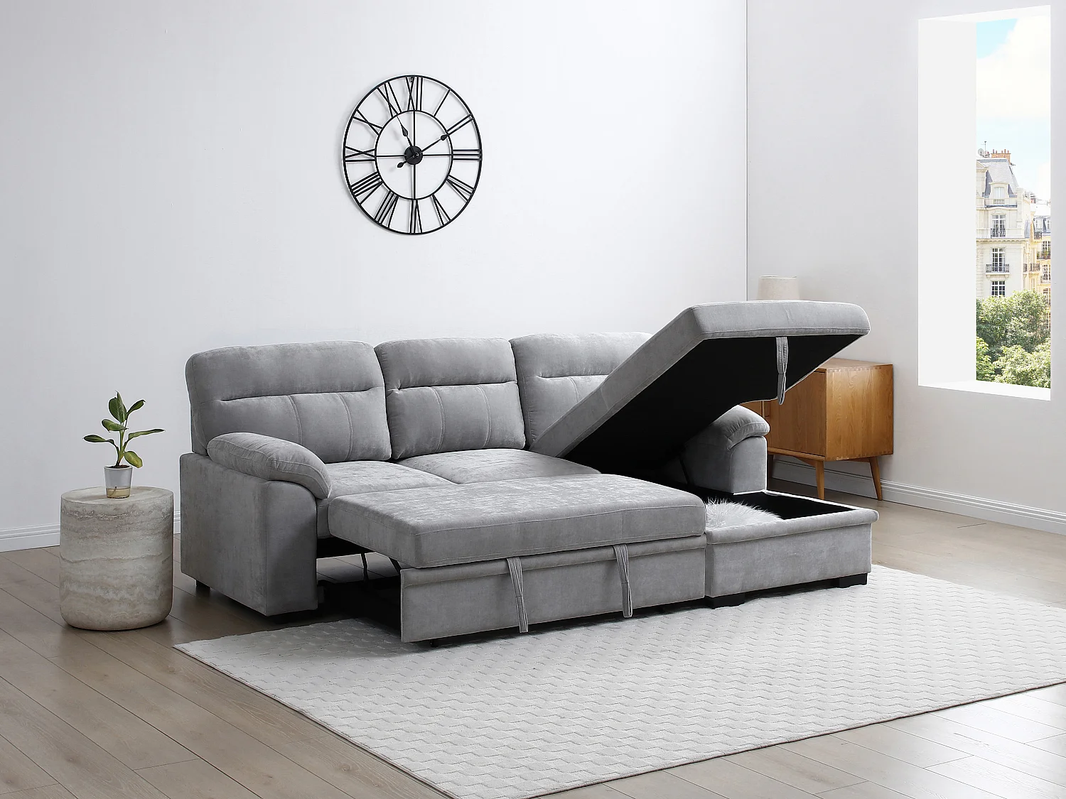 Canapé d'angle droit convertible en tissu gris ULENIO