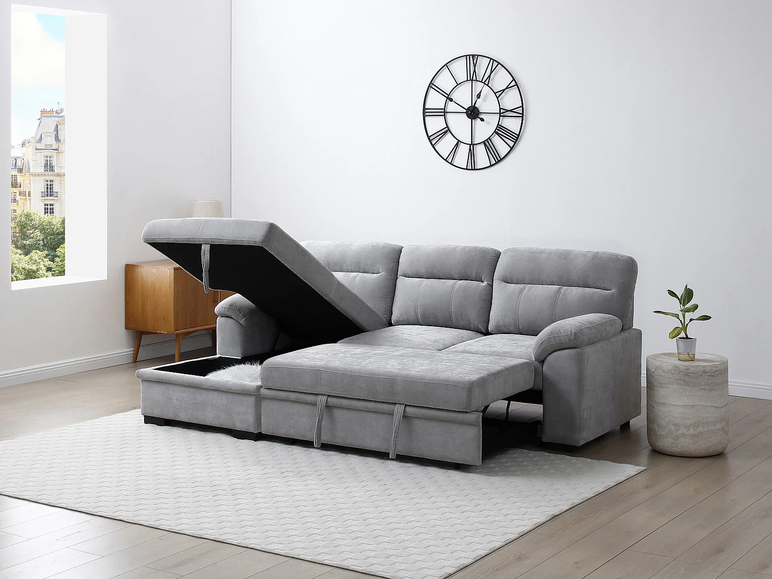 Canapé d'angle gauche convertible en tissu gris ULENIO