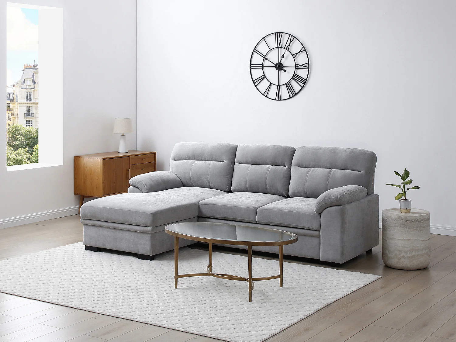 Canapé d'angle gauche convertible en tissu gris ULENIO