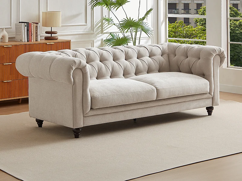 Canapé chesterfield 3 places en tissu beige CRONEL