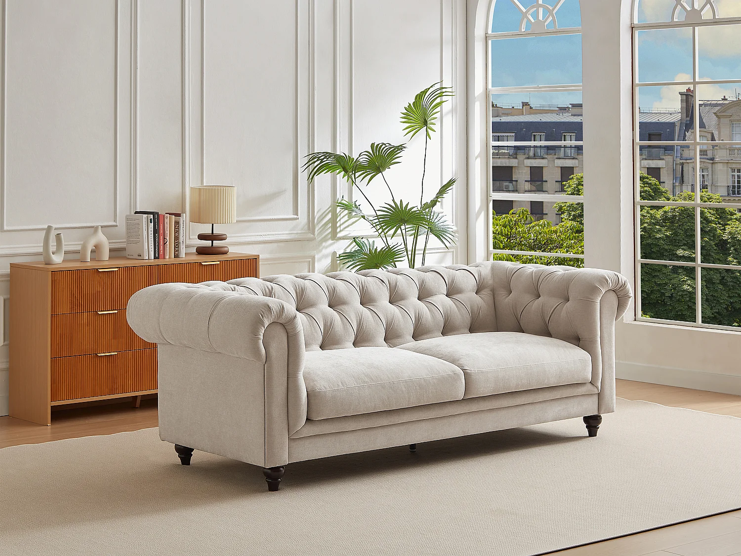 Canapé chesterfield 3 places en tissu beige CRONEL