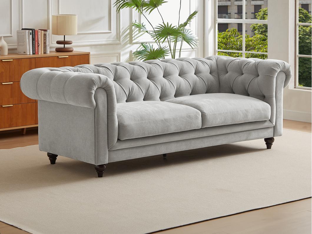 Sofá chesterfield de 3 plazas de tela gris claro CRONEL