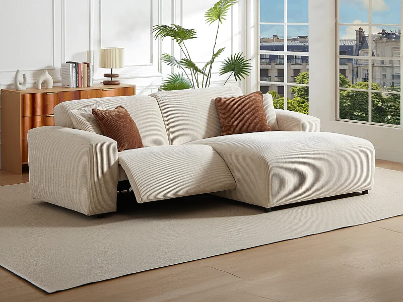 Höger elektrisk recliner-hörnsoffa i beige Manchester-sammet TIRONO från Maison Céphy