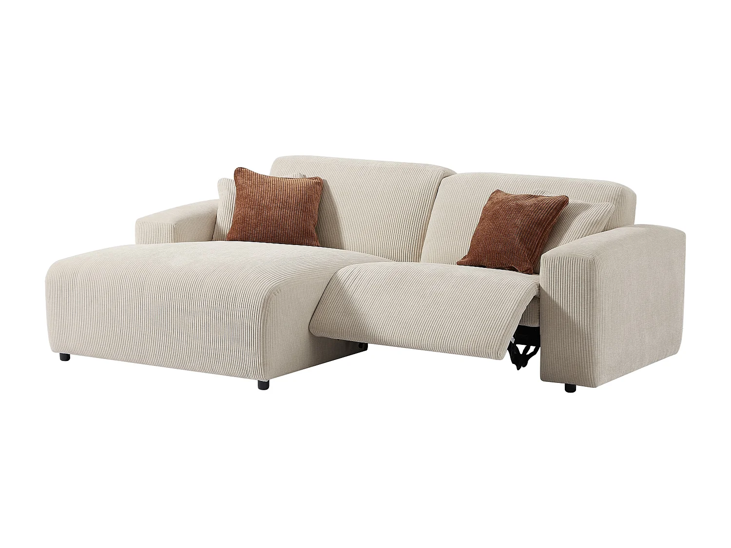 Vänstervänd hörnsoffa med elektrisk relaxfunktion i beige manchestersammet TIRONO från Maison Céphy