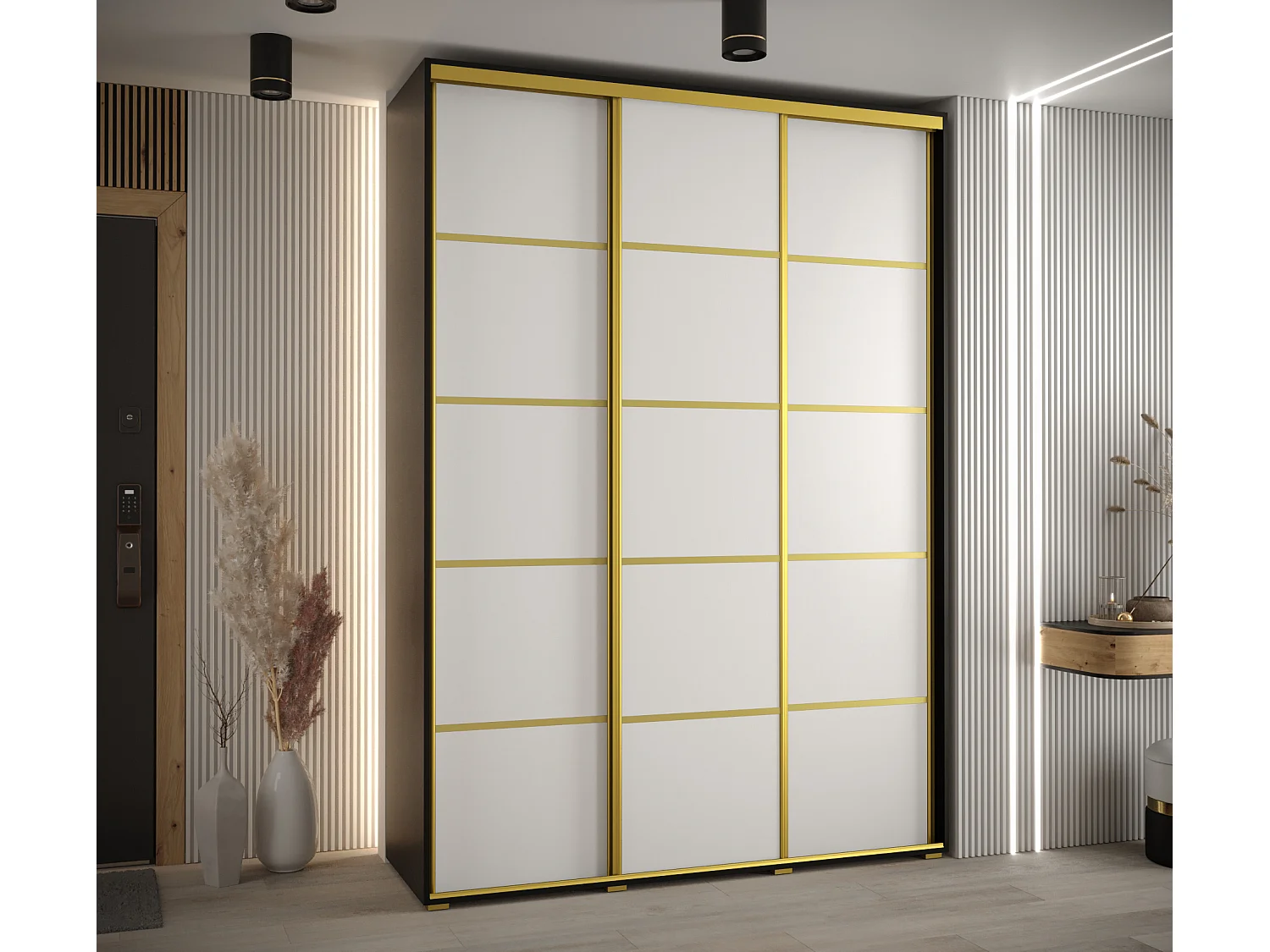 ARMADIO DAVOS 4 AD ANTE SCORREVOLI 235,2/180/45 3 porte (Nero/Bianco/Oro)