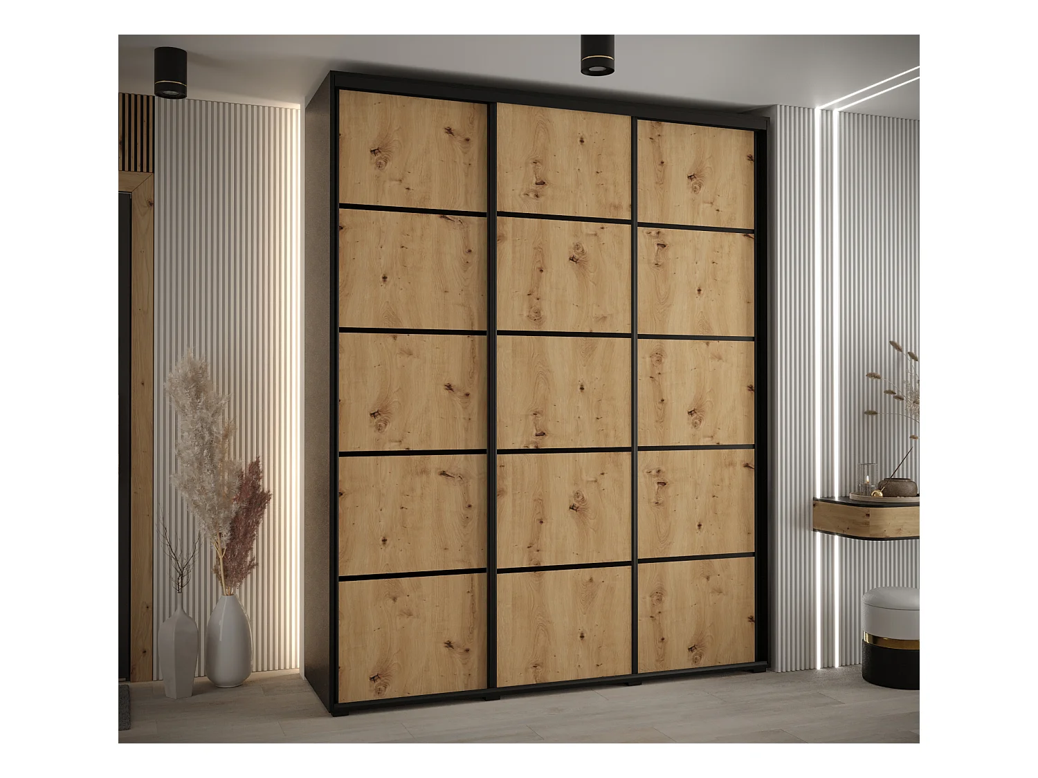 ARMOIRE DAVOS 4 À PORTES COULISSANTES 235,2/200/45 3 portes (Noir/Artisan/Noir)