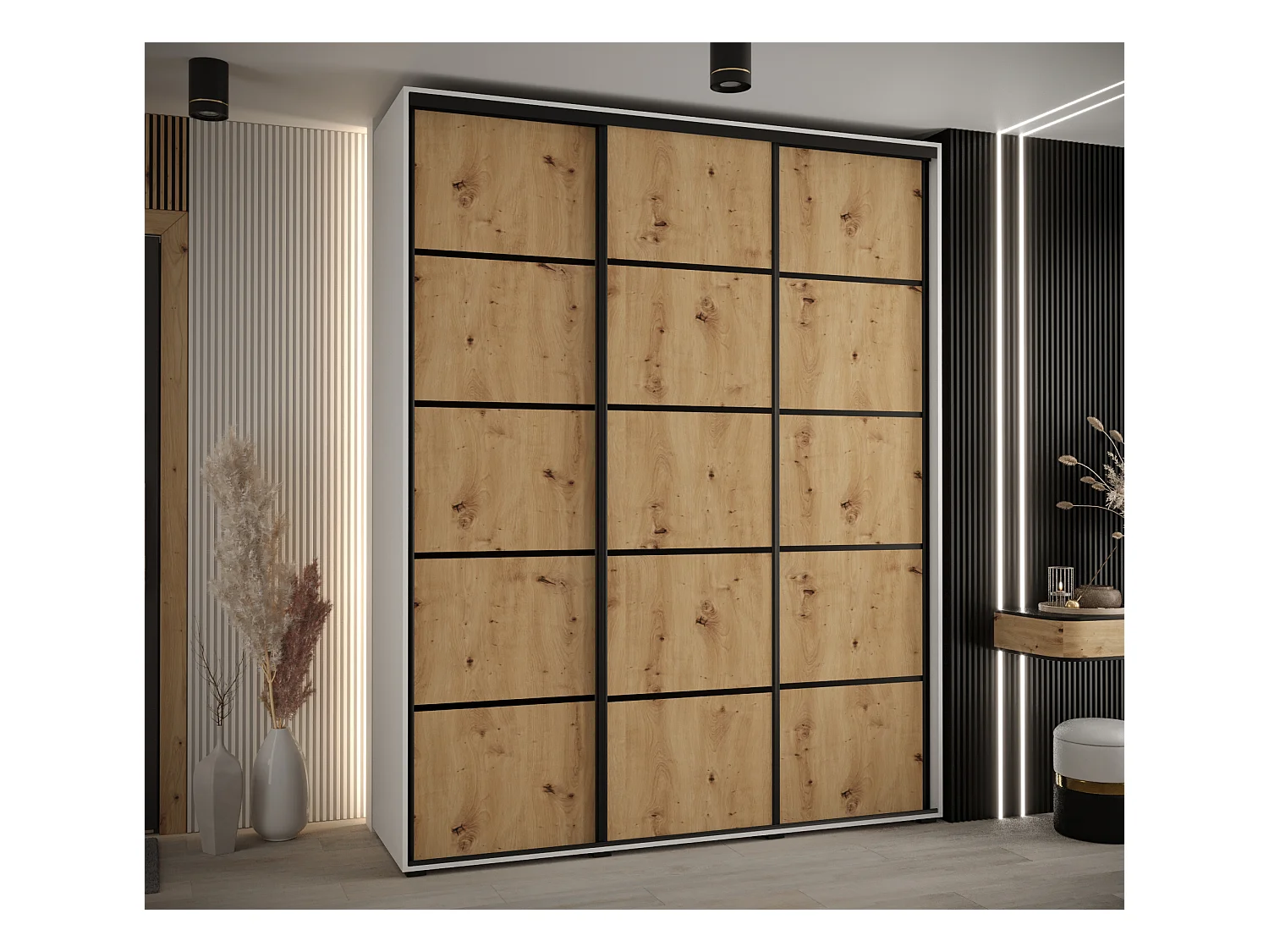 ARMOIRE DAVOS 4 À PORTES COULISSANTES 235,2/200/45 3 portes (Blanc/Artisan/Noir)