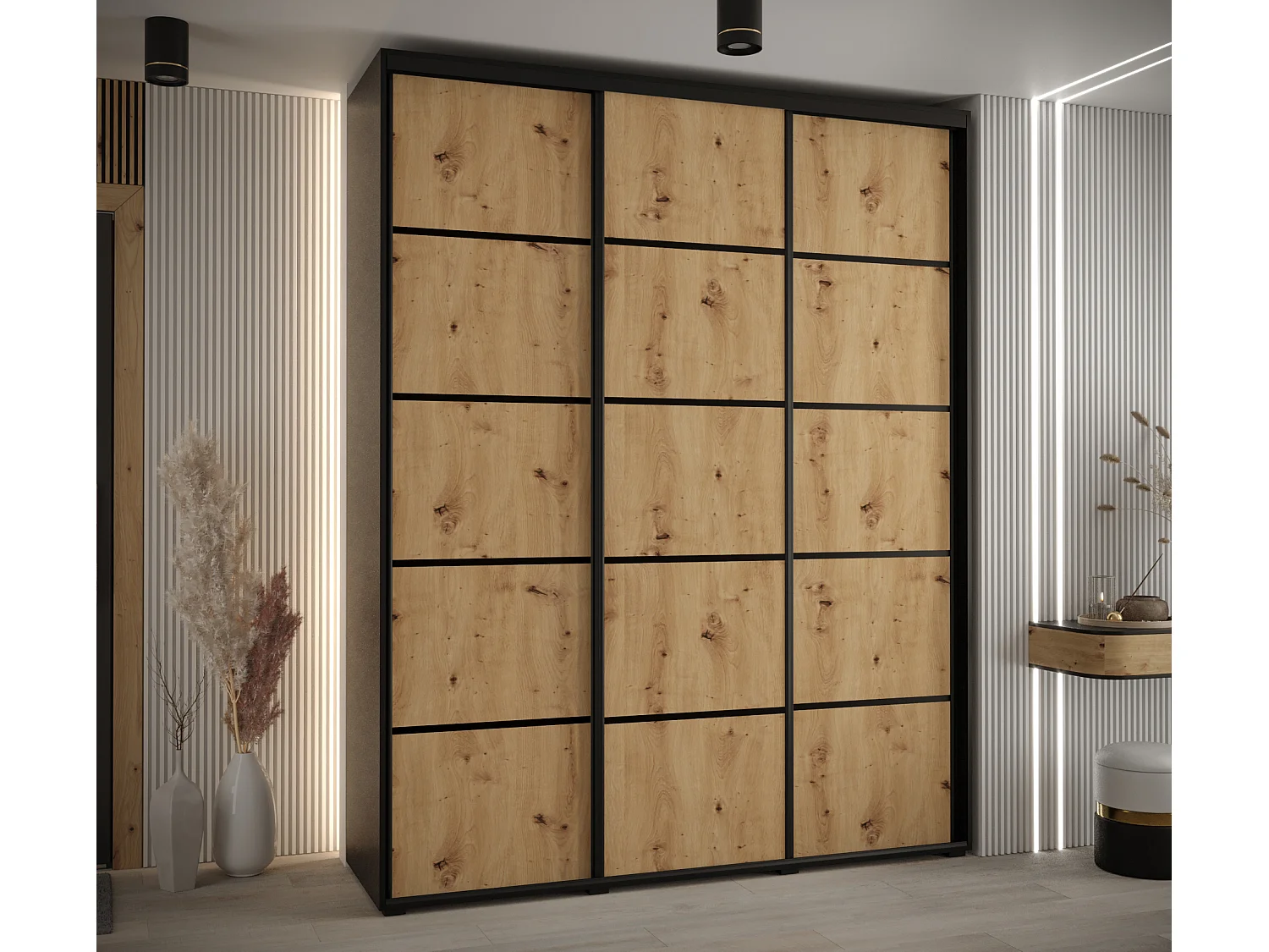 SCHWEBETÜRENSCHRANK DAVOS 4 235,2/200/60 3-türig (Schwarz/Artisan/Schwarz)