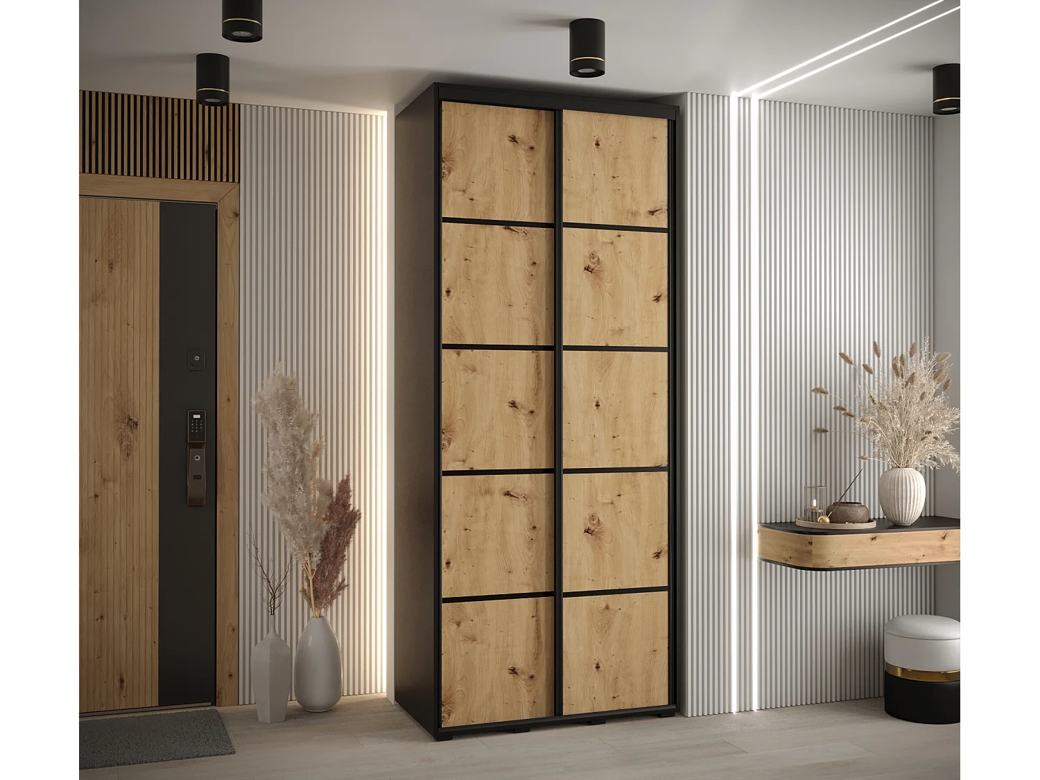 ARMOIRE DAVOS 4 À PORTES COULISSANTES 235,2/110/60 2 portes (Noir/Artisan/Noir)