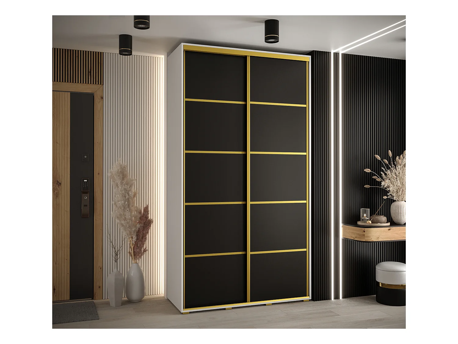 DAVOS 4 KLEDINGKAST MET SCHUIFDEUREN 235,2/130/45 2 deuren (Wit/Zwart/Goud)