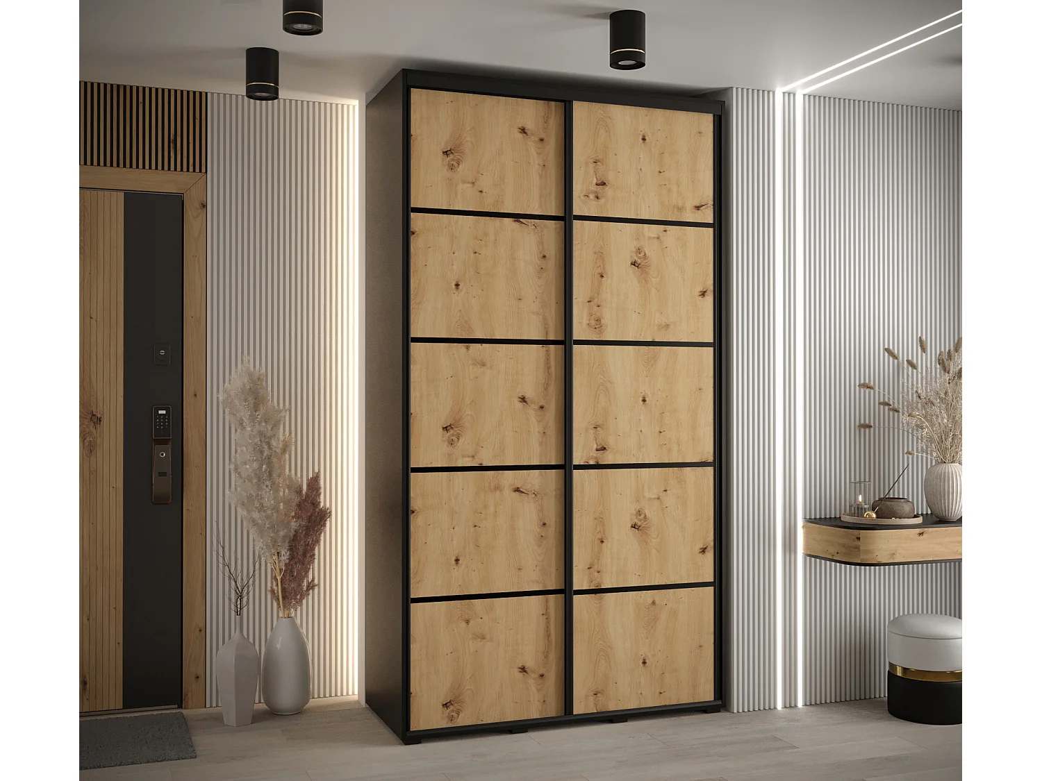 ARMOIRE DAVOS 4 À PORTES COULISSANTES 235,2/140/45 2 portes (Noir/Artisan/Noir)