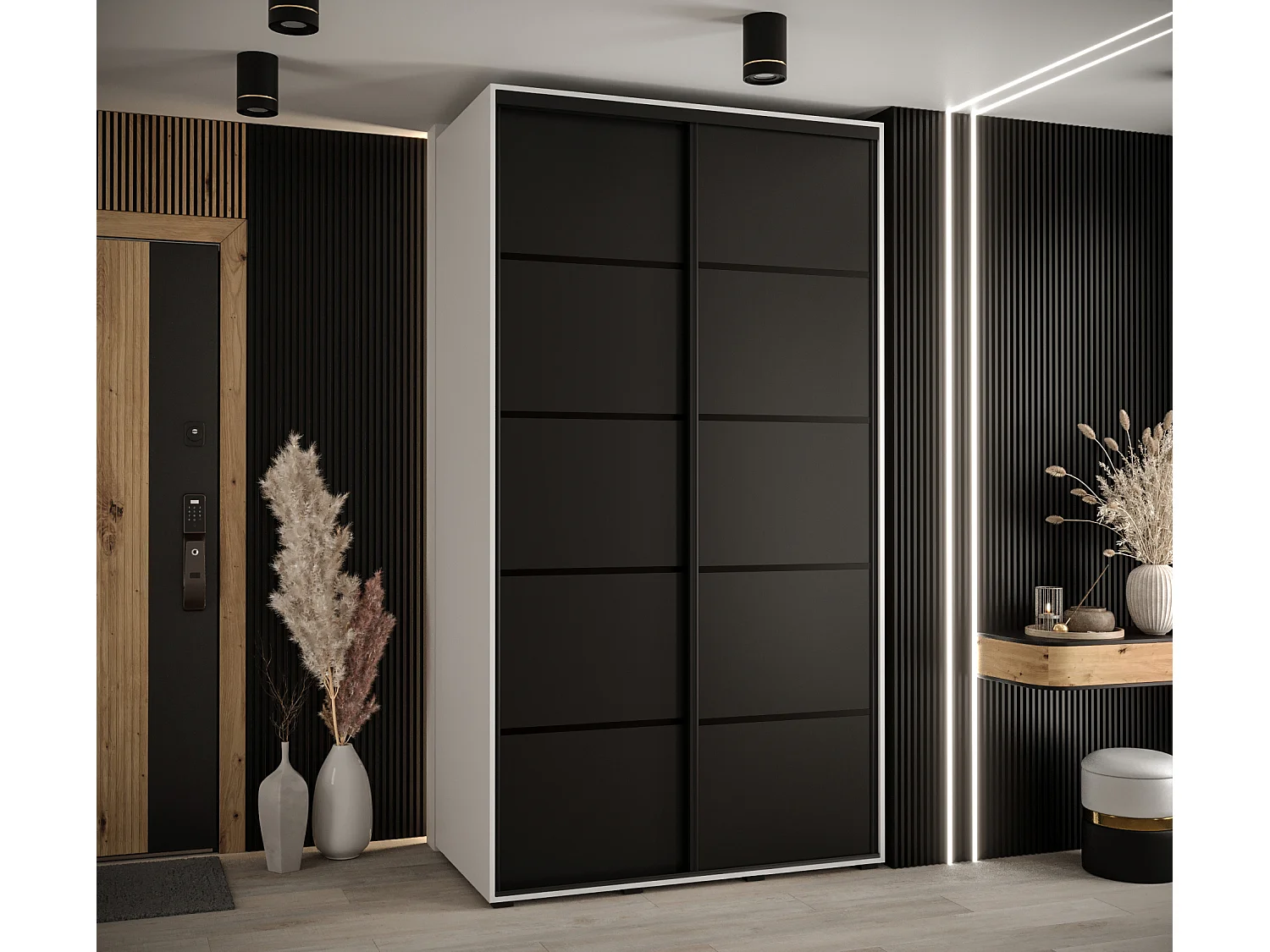 ARMOIRE DAVOS 4 À PORTES COULISSANTES 235,2/130/60 2 portes (Blanc/Noir/Noir)