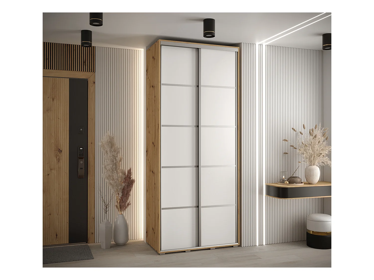 ARMOIRE DAVOS 4 À PORTES COULISSANTES 235,2/120/60 2 portes (Artisan/Blanc/Argent)