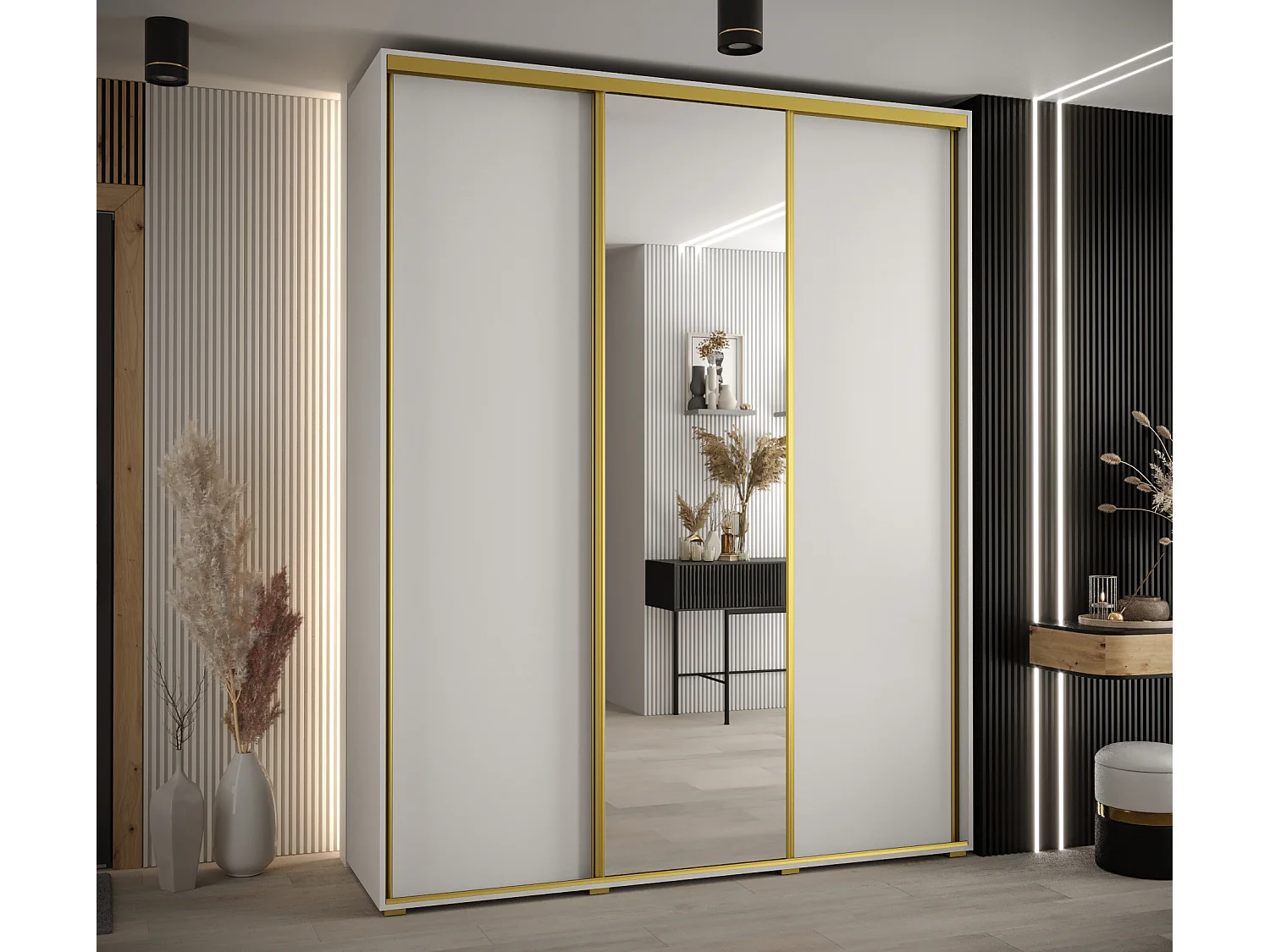 ARMADIO DAVOS 3 AD ANTE SCORREVOLI 235,2/190/45 3 porte (Bianco/Bianco/Oro)