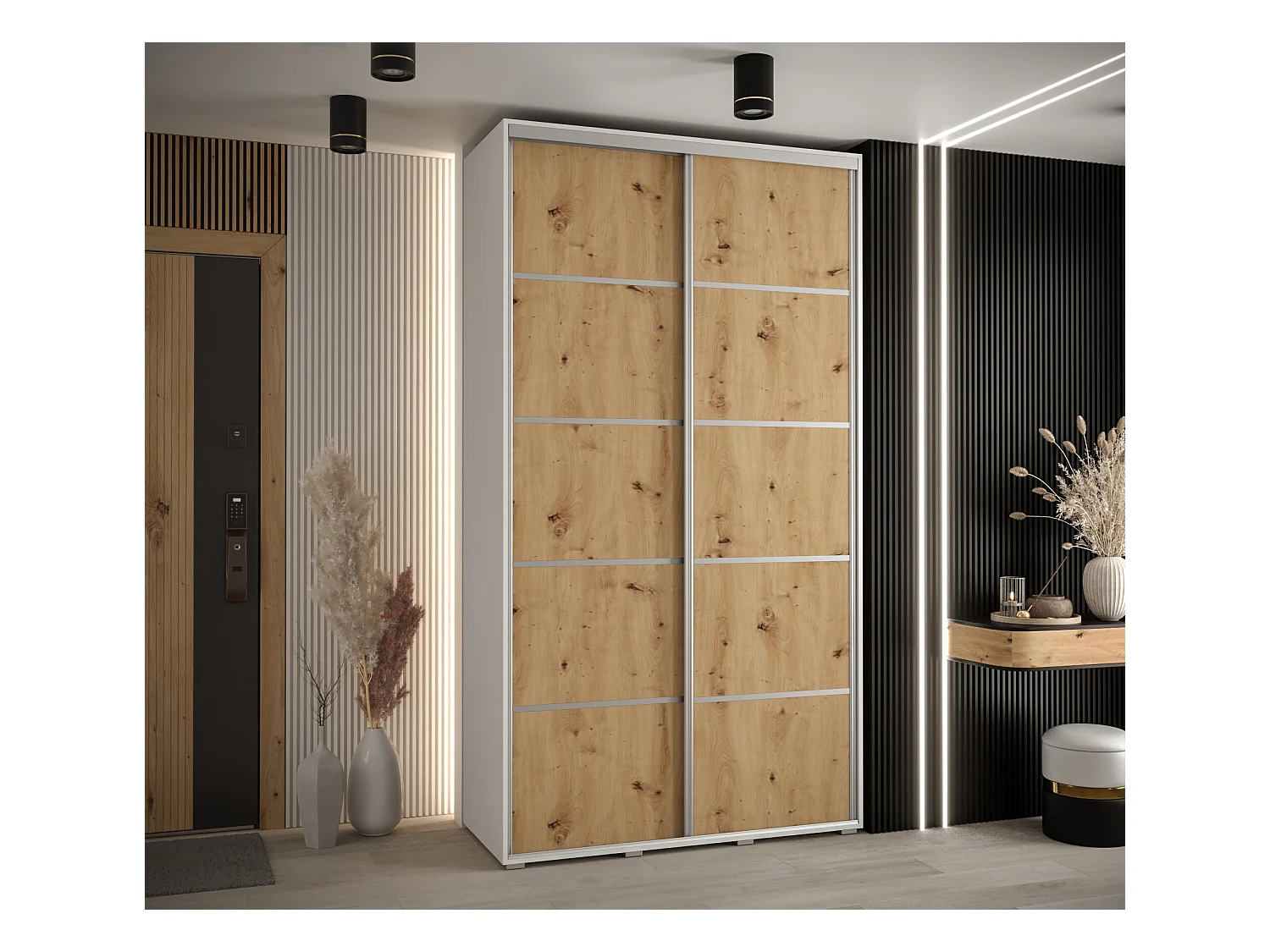 ARMOIRE DAVOS 4 À PORTES COULISSANTES 235,2/140/45 2 portes (Blanc/Artisan/Argent)