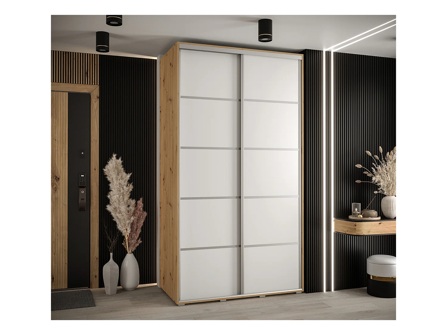 ARMOIRE DAVOS 4 À PORTES COULISSANTES 235,2/140/45 2 portes (Artisan/Blanc/Argent)